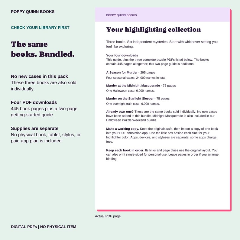 Before you buy: the bundle contains the same three PDFs sold individually plus a start-here guide. No new cases; Velvet Curtain is not included.