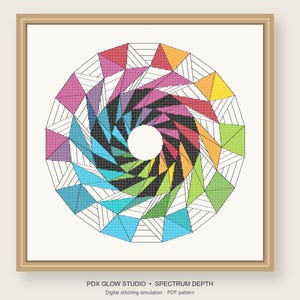 Spectrum Depth Cross Stitch and Blackwork Pattern PDF, Rainbow Spiral with Dark Center, Geometric Embroidery