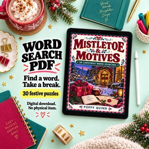 May include: A digital tablet displaying a book cover titled Mistletoe & Motives with 30 Christmas word searches by Poppy Quinn. The screen shows a festive winter scene with a gift, a mug, and a book. Text on the screen reads Word Search PDF.