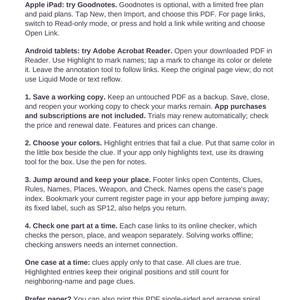 May include: A digital instruction page titled A Season for Murder: Make yourself at home. It provides guidance for using a PDF on Apple iPad and Android tablets, including steps for saving copies, choosing colors, navigating links, and printing options.