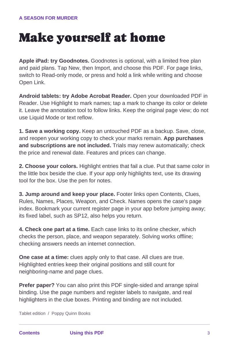 May include: A digital instruction page titled A Season for Murder: Make yourself at home. It provides guidance for using a PDF on Apple iPad and Android tablets, including steps for saving copies, choosing colors, navigating links, and printing options.