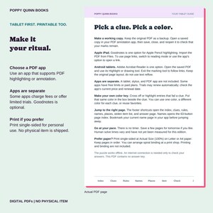 Actual tablet guide explaining PDF annotation, Apple and Android app options, separate app fees, navigation, and optional personal printing.