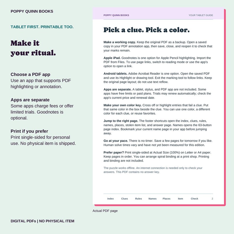 Actual tablet guide explaining PDF annotation, Apple and Android app options, separate app fees, navigation, and optional personal printing.