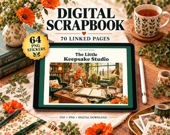 Può includere: Un album di ritagli digitale con 70 pagine collegate e 64 adesivi PNG. Lo schermo del tablet mostra l'illustrazione di una stanza accogliente con scrivania, libri e fiori. Il testo sullo schermo recita Digital Scrapbook, 70 Linked Pages e The Little Keepsake Studio.