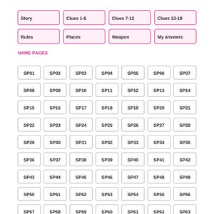 May include: A digital interface page titled SPRING / CASE INDEX Murder in Bloom with navigation buttons for Story, Clues, Rules, Places, Weapon, and My answers, followed by a grid of sixty-three rectangular buttons labeled SP01 through SP63.