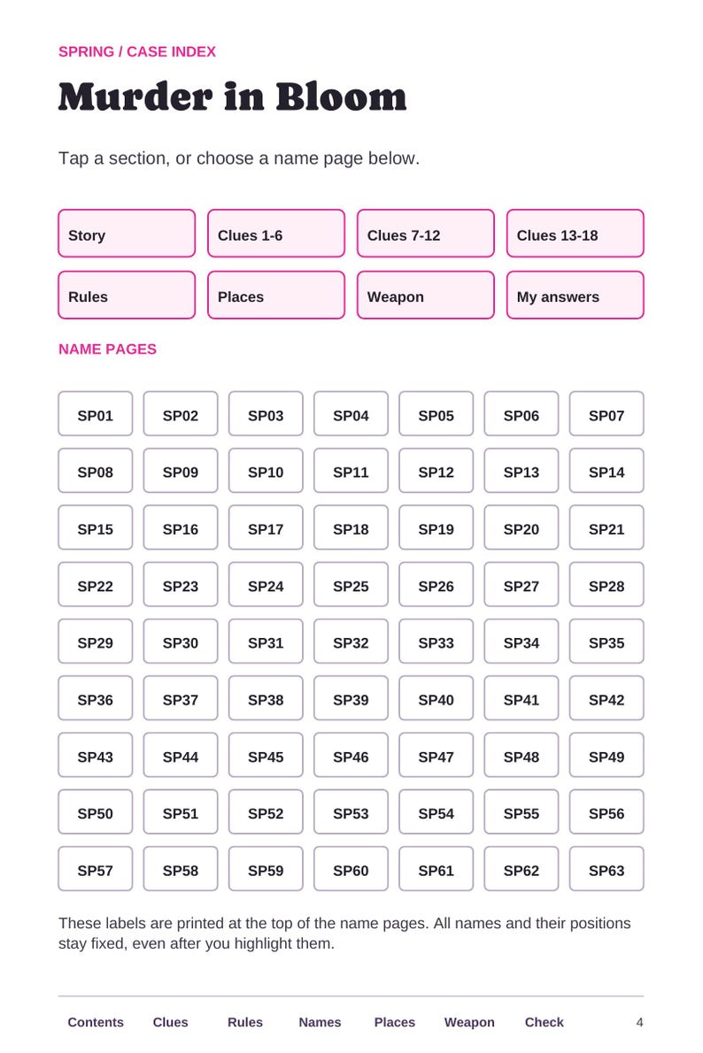 May include: A digital interface page titled SPRING / CASE INDEX Murder in Bloom with navigation buttons for Story, Clues, Rules, Places, Weapon, and My answers, followed by a grid of sixty-three rectangular buttons labeled SP01 through SP63.