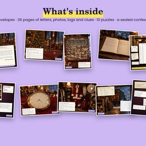 May include: A mystery game kit titled What's inside, containing 11 envelopes, 36 pages of letters, photos, logs, and clues, 10 puzzles, and a sealed confession. The image displays various game components including documents, a pocket watch, and photos.