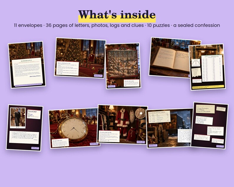 May include: A mystery game kit titled What's inside, containing 11 envelopes, 36 pages of letters, photos, logs, and clues, 10 puzzles, and a sealed confession. The image displays various game components including documents, a pocket watch, and photos.