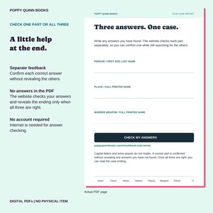 May include: A digital PDF page from Poppy Quinn Books titled Three answers. One case. The document features fields for a person, place, and murder weapon, along with a Check My Answers button and instructions for verifying solutions online.