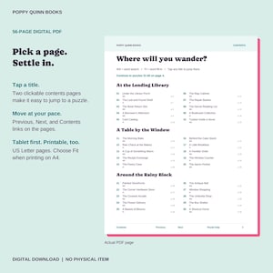 May include: A 56-page digital PDF puzzle book by Poppy Quinn Books. The contents page features the title Where will you wander? and lists puzzles categorized under At the Lending Library, A Table by the Window, and Around the Rainy Block.
