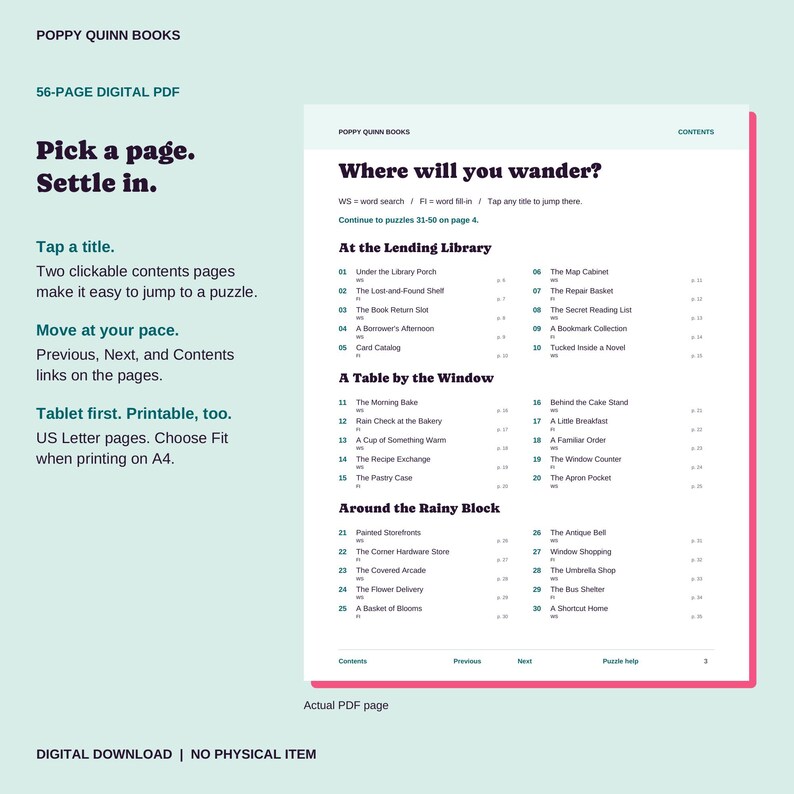 May include: A 56-page digital PDF puzzle book by Poppy Quinn Books. The contents page features the title Where will you wander? and lists puzzles categorized under At the Lending Library, A Table by the Window, and Around the Rainy Block.
