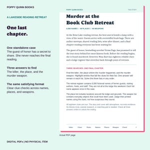 May include: A digital PDF page titled Murder at the Book Club Retreat by Poppy Quinn Books. The text describes a mystery game involving 6,000 names, 48 places, and 48 weapons. It outlines the story of a murdered novelist and the detective's clues.