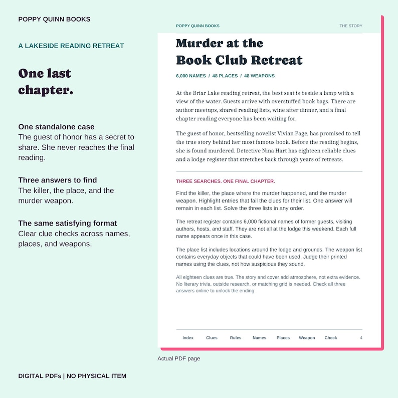 May include: A digital PDF page titled Murder at the Book Club Retreat by Poppy Quinn Books. The text describes a mystery game involving 6,000 names, 48 places, and 48 weapons. It outlines the story of a murdered novelist and the detective's clues.