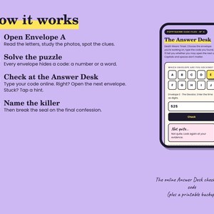 May include: A light purple instructional graphic titled How it works with four numbered steps for a mystery game. To the right, a smartphone screen displays The Answer Desk interface with a grid of letters A through J and a code entry field.