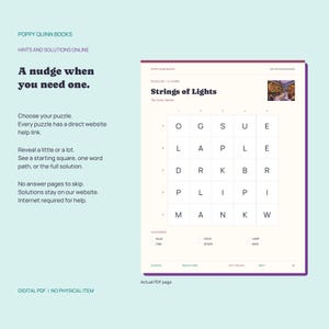 May include: A digital PDF page from Poppy Quinn Books titled Strings of Lights, featuring a 5x5 grid of letters, a small image of a festive market, and a list of words to find including blue, pink, gold, spark, lamp, and wire for puzzle solving.