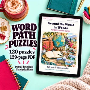May include: A tablet displaying a digital book titled Around the World in Words with a globe, open book, and travel-themed illustrations. The text reads Word Path Puzzles, 120 puzzles, 129-page PDF, and digital download. A red mug, notebooks, and pens are nearby.