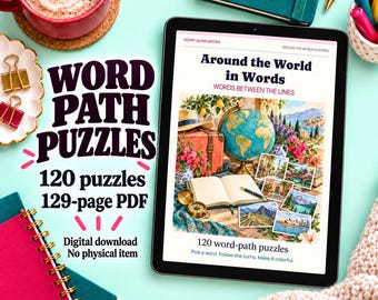May include: A tablet displaying a digital book titled Around the World in Words with a globe, open book, and travel-themed illustrations. The text reads Word Path Puzzles, 120 puzzles, 129-page PDF, and digital download. A red mug, notebooks, and pens are nearby.