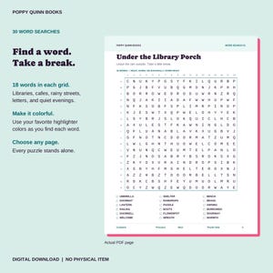 May include: A digital word search puzzle page titled Under the Library Porch by Poppy Quinn Books. The grid contains letters for finding 18 words listed below, including umbrella, doormat, lantern, railing, doorbell, welcome, shelter, raindrops, puddle, boots, flowerpot, wreath, bench, brass, awning, borrowed, doorway, and warmth.