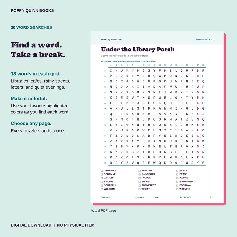 May include: A digital word search puzzle page titled Under the Library Porch by Poppy Quinn Books. The grid contains letters for finding 18 words listed below, including umbrella, doormat, lantern, railing, doorbell, welcome, shelter, raindrops, puddle, boots, flowerpot, wreath, bench, brass, awning, borrowed, doorway, and warmth.