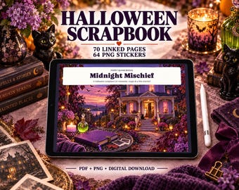 Può includere: Un tablet digitale che mostra un album di ritagli di Halloween intitolato Midnight Mischief, con un libro viola su un tavolo davanti a una casa al tramonto. Lo schermo mostra 70 pagine collegate e 64 adesivi PNG, con il testo Halloween Scrapbook, PDF + PNG, Digital Download.
