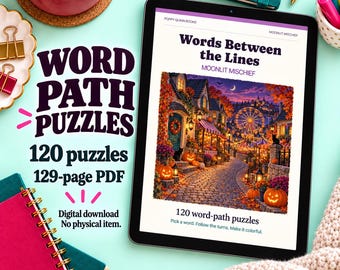 May include: A digital tablet displaying a book cover titled Words Between the Lines by Moonlit Mischief, featuring a colorful autumn village scene with pumpkins and a ferris wheel. The text indicates 120 word-path puzzles and a 129-page PDF format.
