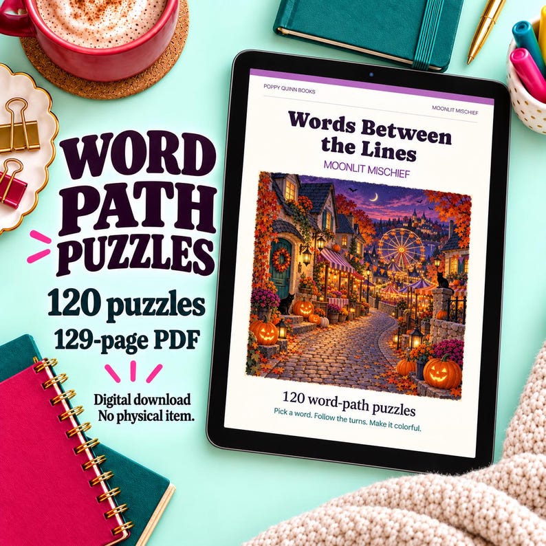 May include: A digital tablet displaying a book cover titled Words Between the Lines by Moonlit Mischief, featuring a colorful autumn village scene with pumpkins and a ferris wheel. The text indicates 120 word-path puzzles and a 129-page PDF format.