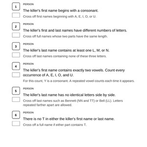 May include: A black and white printed activity sheet titled A SEASON FOR MURDER with the heading The person. It lists six numbered clues for identifying a killer, each with a checkbox and instructions to cross off names based on specific criteria.