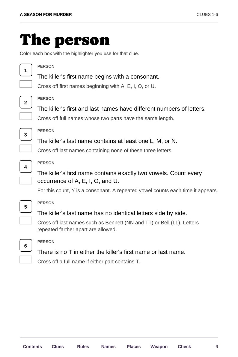 May include: A black and white printed activity sheet titled A SEASON FOR MURDER with the heading The person. It lists six numbered clues for identifying a killer, each with a checkbox and instructions to cross off names based on specific criteria.