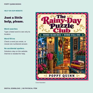 May include: The Rainy-Day Puzzle Club book cover features a cozy library entrance with a teal door, pink umbrella in a gold stand, and stacked books on a bench. Text includes: Poppy Quinn Books, Just a little help, please, and Word searches.