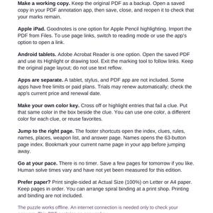 May include: A digital instructional guide titled Poppy Quinn Books Your Tablet Guide. The text provides instructions for using a PDF puzzle on tablets, including tips for Apple iPad and Android devices, color key usage, page navigation, and printing.