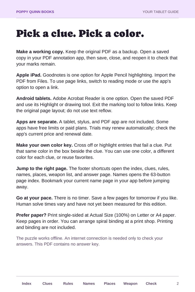 May include: A digital instructional guide titled Poppy Quinn Books Your Tablet Guide. The text provides instructions for using a PDF puzzle on tablets, including tips for Apple iPad and Android devices, color key usage, page navigation, and printing.