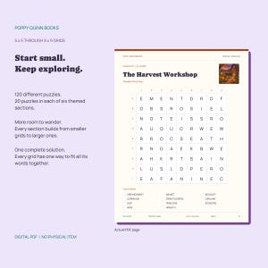 May include: A digital PDF page from Poppy Quinn Books featuring a 9x9 word search puzzle titled The Harvest Workshop. The grid contains letters and a list of words to find, including arrangement, basket, bouquet, cornhusk, dried flowers, garland, leaf, pinecone, scissors, wire, and wreath.