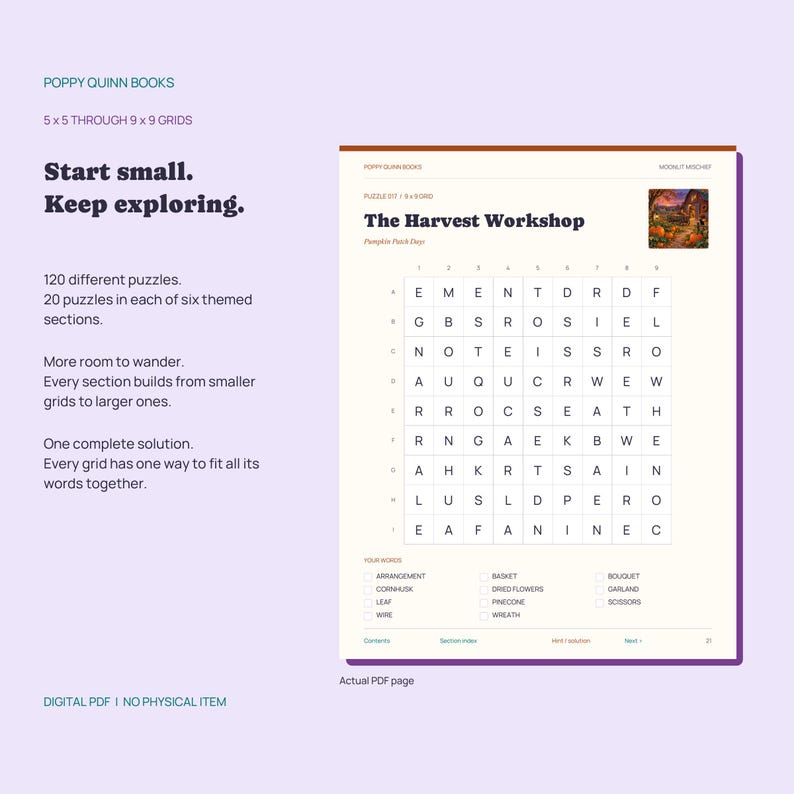 May include: A digital PDF page from Poppy Quinn Books featuring a 9x9 word search puzzle titled The Harvest Workshop. The grid contains letters and a list of words to find, including arrangement, basket, bouquet, cornhusk, dried flowers, garland, leaf, pinecone, scissors, wire, and wreath.