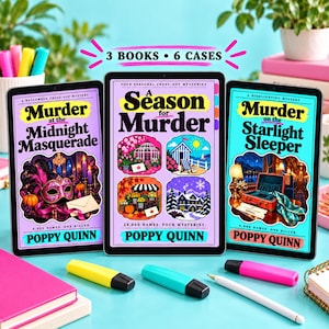 May include: Three digital tablets display mystery book covers by Poppy Quinn. The left cover is purple, the center is light purple with four seasonal illustrations, and the right is teal. Text includes 3 BOOKS 6 CASES and book titles.