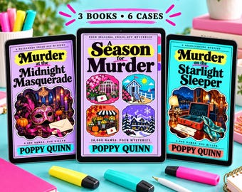 May include: Three digital tablets display mystery book covers by Poppy Quinn. The left cover is purple, the center is light purple with four seasonal illustrations, and the right is teal. Text includes 3 BOOKS 6 CASES and book titles.