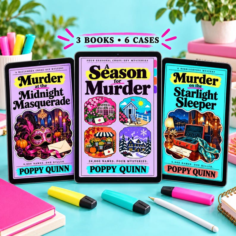Three tablets display A Season for Murder, Murder at the Midnight Masquerade, and Murder on the Starlight Sleeper beside colorful highlighters. Digital bundle includes three books and six cases.