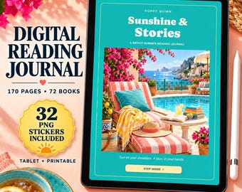 Può includere: Un diario di lettura digitale visualizzato su uno schermo di tablet con il testo Sunshine & Stories, A Bright Summer Reading Journal. Lo schermo mostra una scena in piscina con una sedia a sdraio, libri e un cappello di paglia. Include 170 pagine e 32 adesivi PNG.