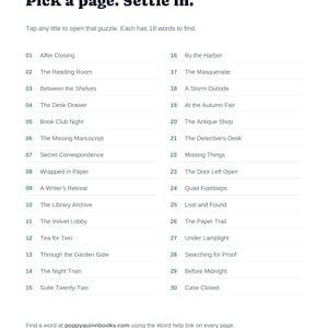 Actual clickable index listing all 30 puzzle titles, from After Closing to Case Closed.