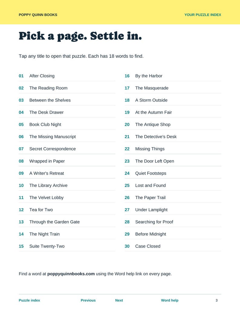 Actual clickable index listing all 30 puzzle titles, from After Closing to Case Closed.