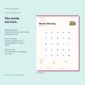 May include: A digital word puzzle page titled Market Morning by Poppy Quinn Books. The page features a 5x5 grid of letters, instructions for word finding, and a list of words to locate including Apple, Fruit, Crate, Melon, and Fresh. The design is clean.