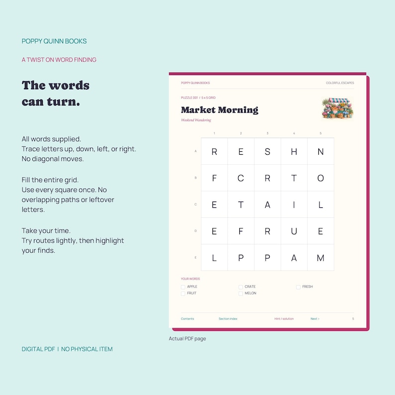 May include: A digital word puzzle page titled Market Morning by Poppy Quinn Books. The page features a 5x5 grid of letters, instructions for word finding, and a list of words to locate including Apple, Fruit, Crate, Melon, and Fresh. The design is clean.