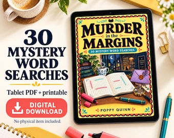 May include: A digital tablet displaying a book cover titled Murder in the Margins 30 Mystery Word Searches by Poppy Quinn. The screen shows an open word search puzzle, a magnifying glass, a pen, and a purple envelope. Text includes 30 Mystery Word Searches.