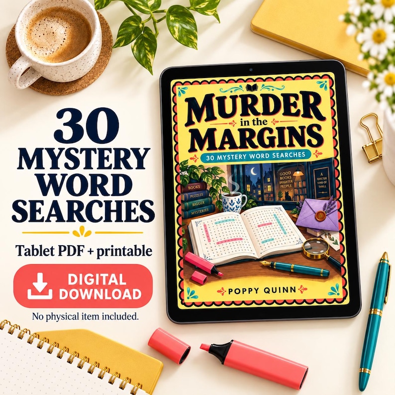 Square illustrative tablet mockup displaying the yellow Murder in the Margins cover. Thirty mystery word searches. Tablet PDF and printable, digital download; no physical item included.