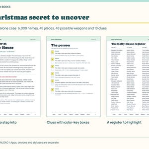May include: A digital mystery game titled A Christmas secret to uncover by Poppy Quinn Books. It includes three pages: a story titled Murder at Holly House, a page of clues with color-coded boxes, and a list titled The Holly House register.