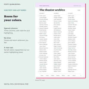 Actual unmarked theater archive page with three spaced columns of first and last names and navigation links.