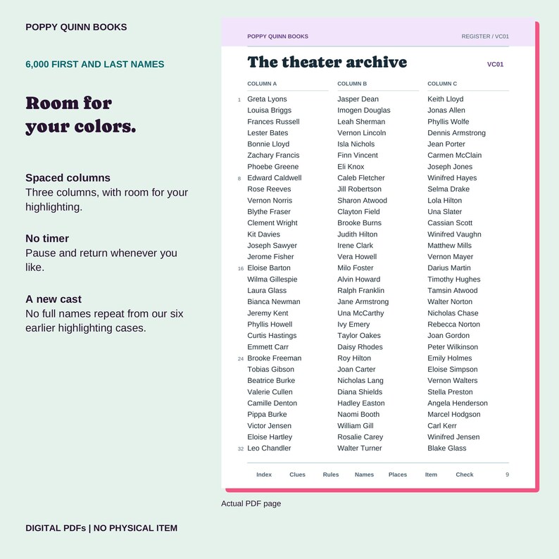 Actual unmarked theater archive page with three spaced columns of first and last names and navigation links.