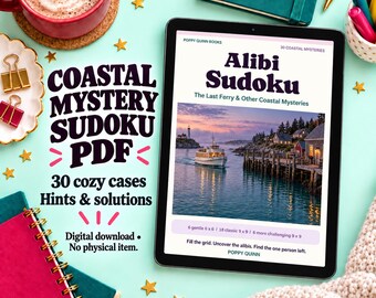 Può includere: Un tablet mostra la copertina del libro digitale Alibi Sudoku con l'immagine di un traghetto costiero, circondato da una tazza rossa, quaderni e cancelleria. Il testo recita Coastal Mystery Sudoku PDF, 30 cozy cases, Hints & solutions.