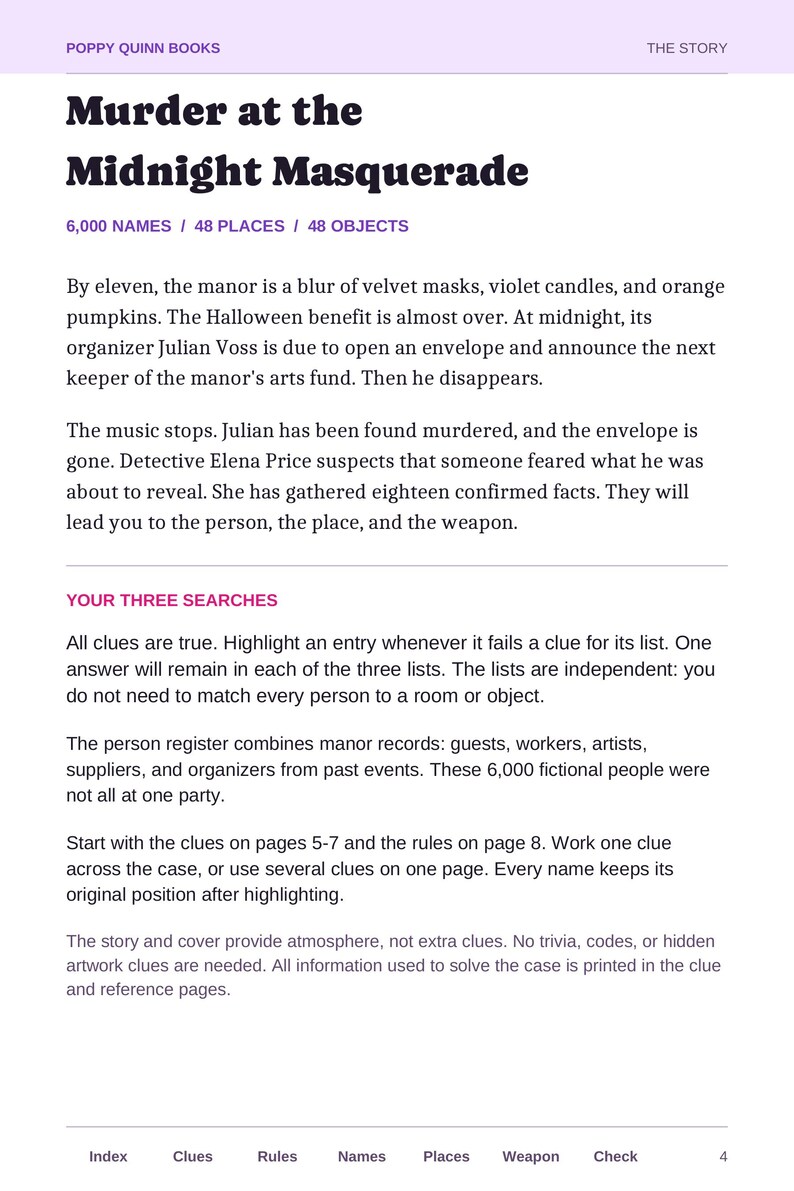 May include: A page from the book Murder at the Midnight Masquerade by Poppy Quinn Books. The text describes a mystery involving a manor, a Halloween benefit, and the disappearance of Julian Voss. It includes instructions for three searches.
