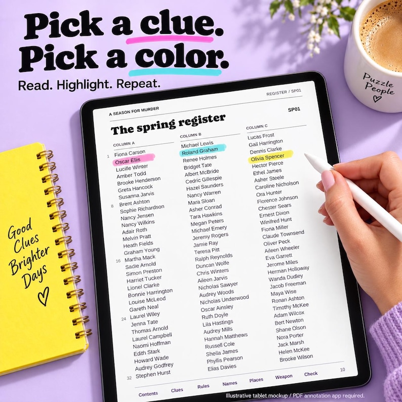 May include: A digital tablet displaying a document titled The spring register with three columns of names. The text Pick a clue. Pick a color. Read. Highlight. Repeat. appears above. A yellow spiral notebook and a white stylus are also visible.