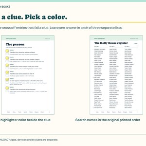 May include: A digital game sheet titled Poppy Quinn Books with the text Pick a clue. Pick a color. It features two pages: one with a list of clues for The person and another with The Holly House register containing three columns of names.